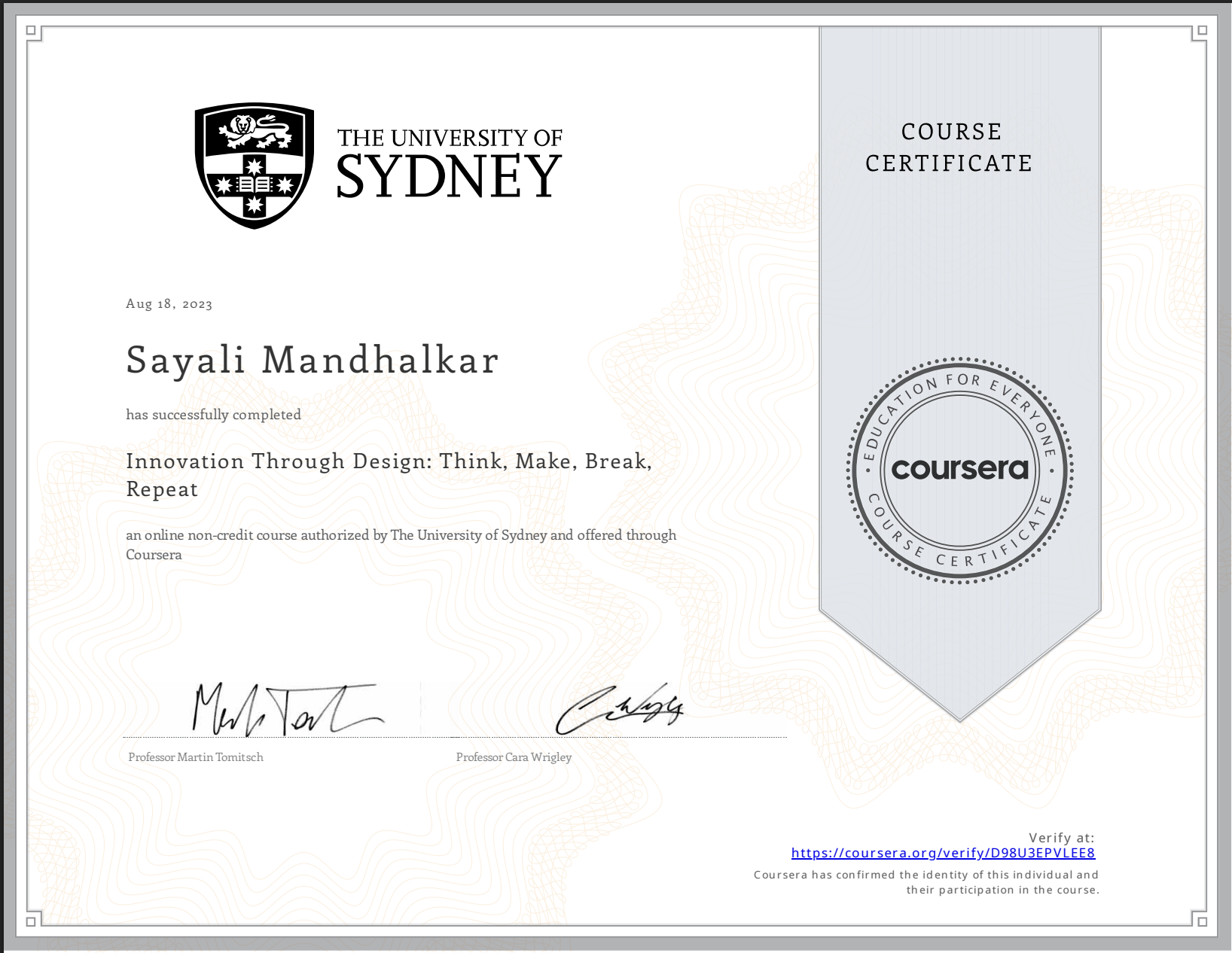 Innovation Through Design certificate